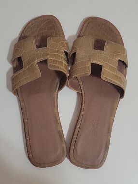 Hermes Croc-Embossed Slide Sandals in Brown